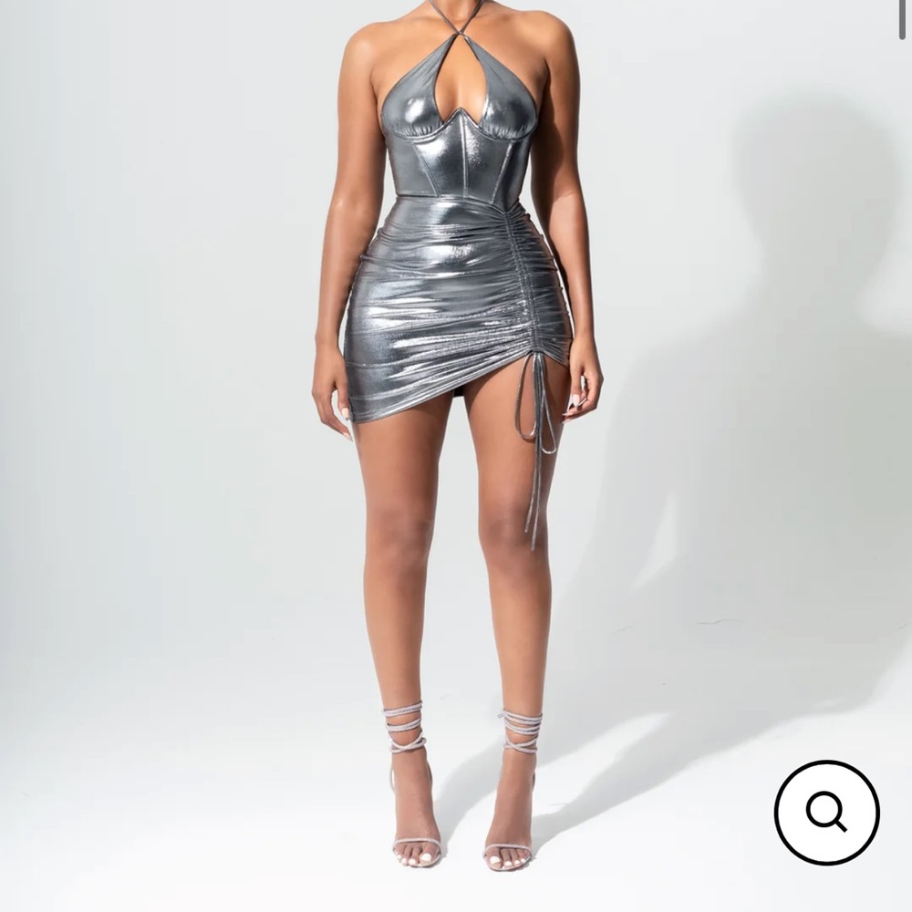 Sale‼️ Metallic Silver Halter Ruched Mini Dress